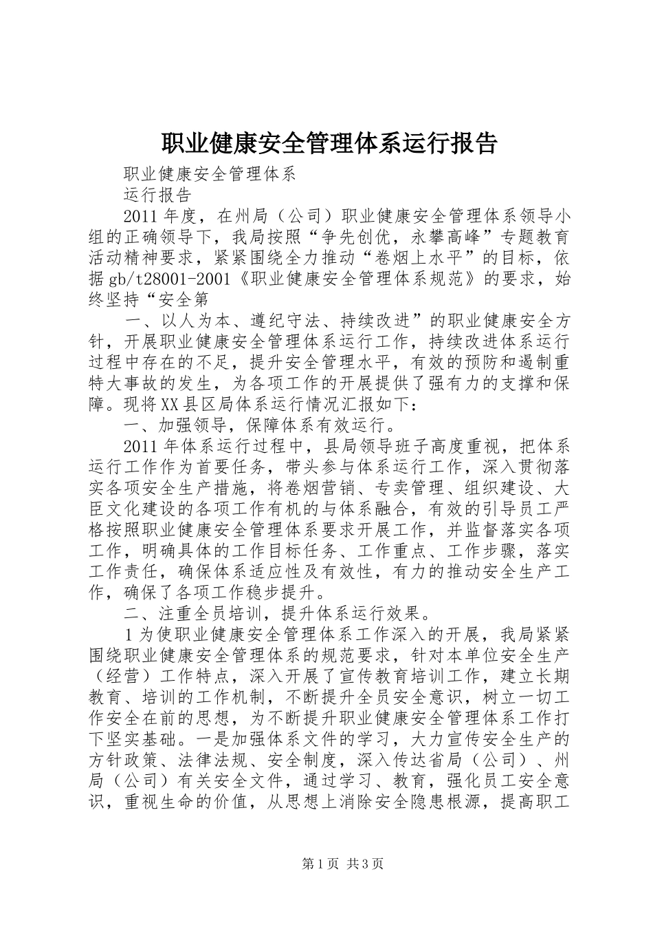 职业健康安全管理体系运行报告_第1页