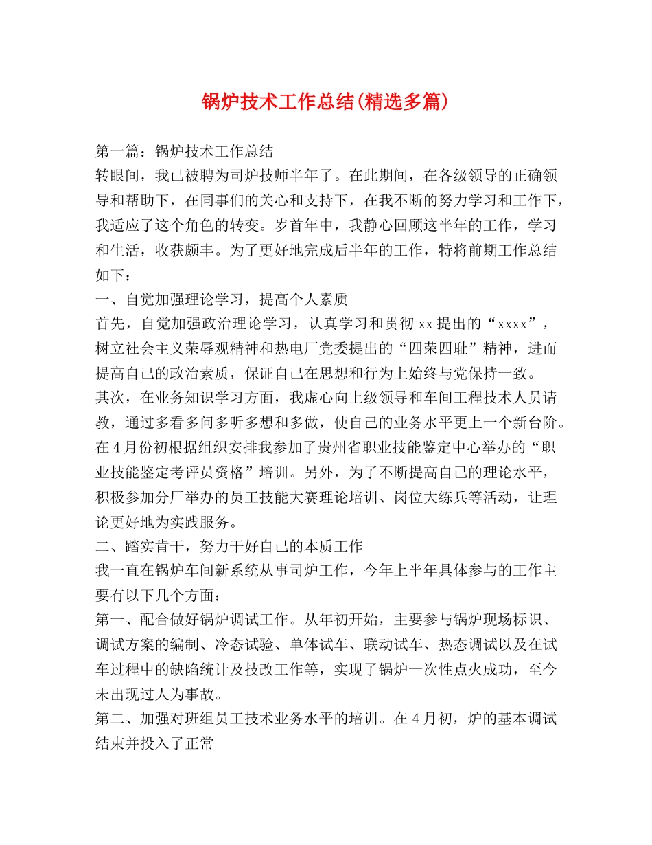 锅炉技术工作总结(精选多篇) _第1页