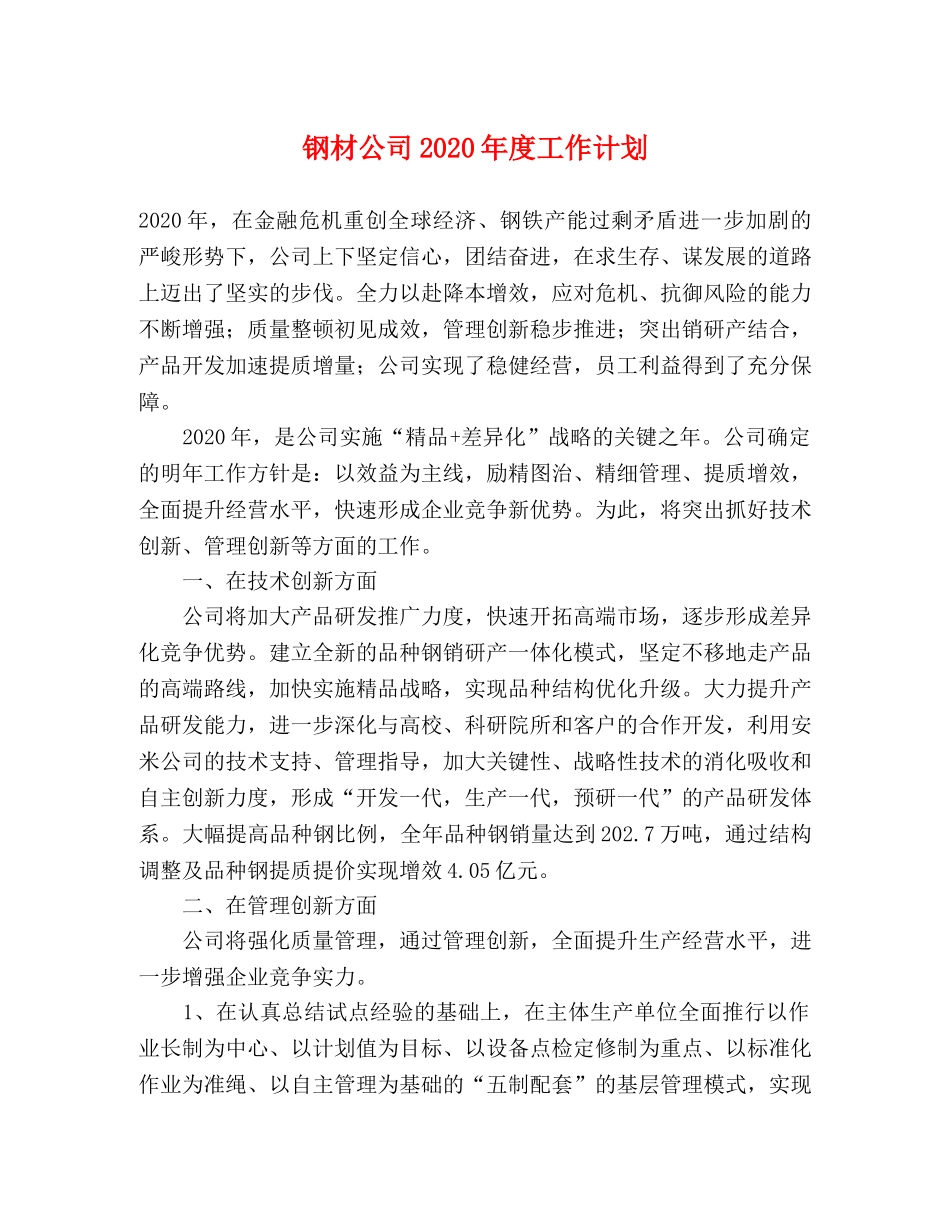 钢材公司2020年度工作计划 _第1页