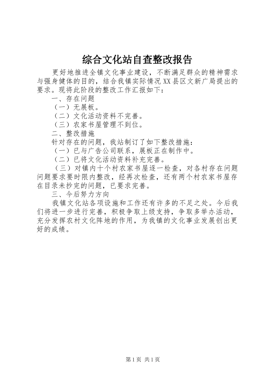 综合文化站自查整改报告_第1页
