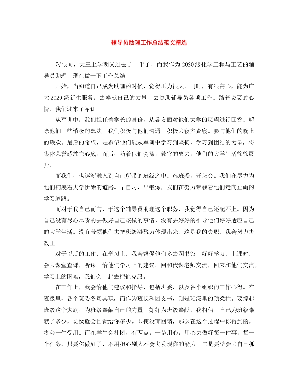 辅导员助理工作总结范文精选 _第1页