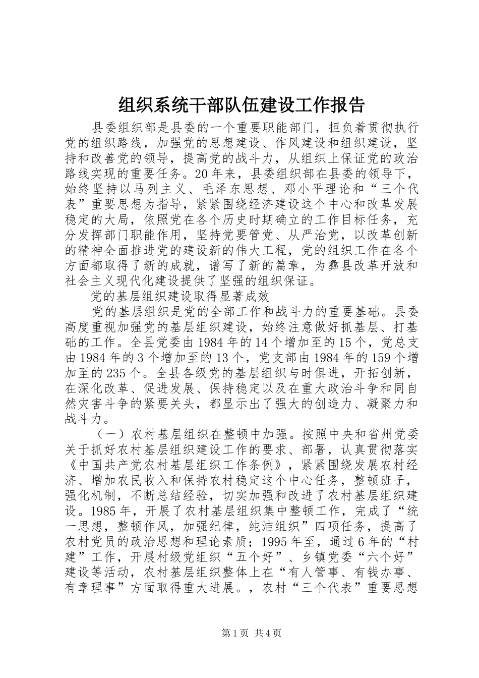 组织系统干部队伍建设工作报告_第1页