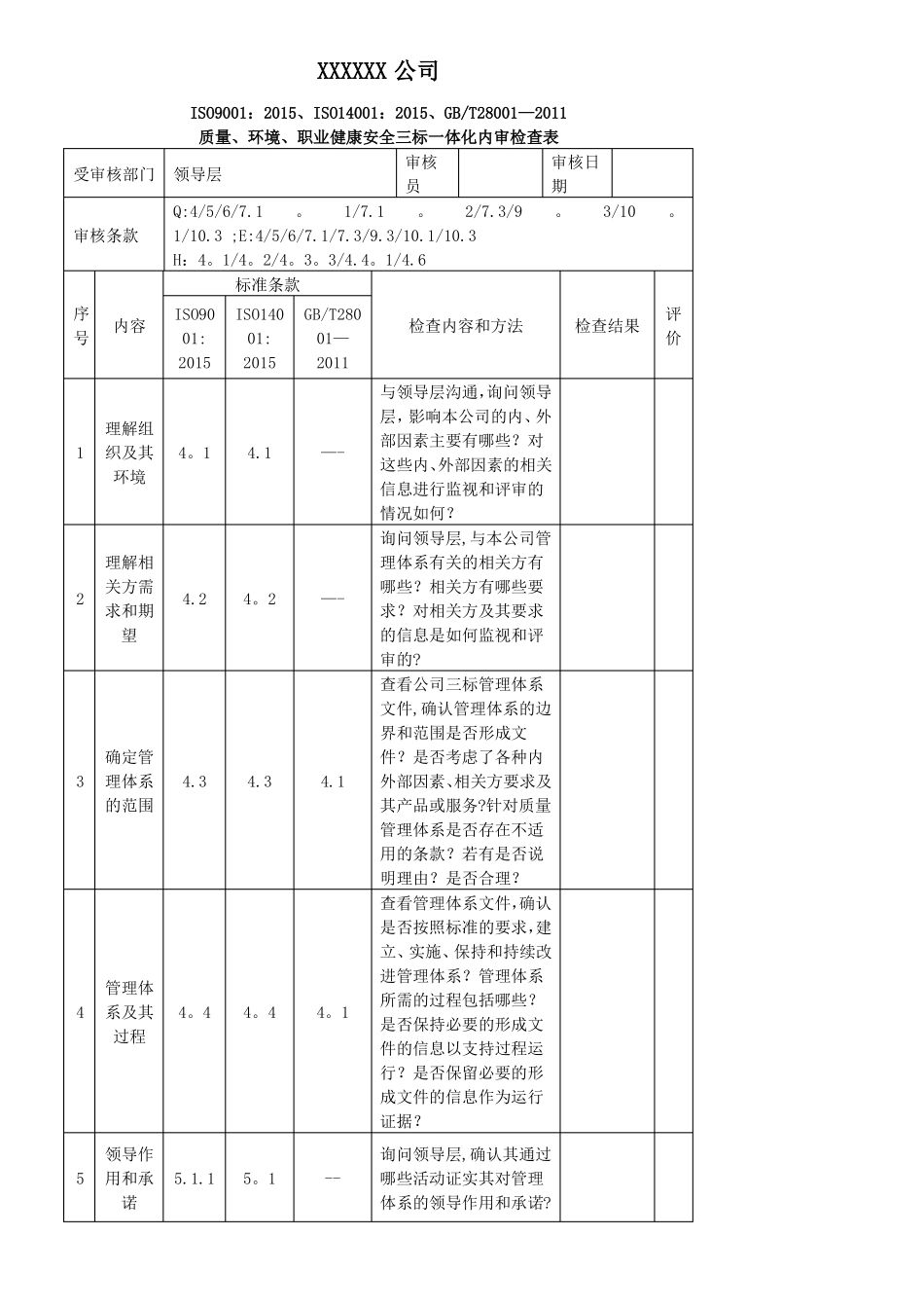 三标一体化管理体系内审检查表NEW_第1页