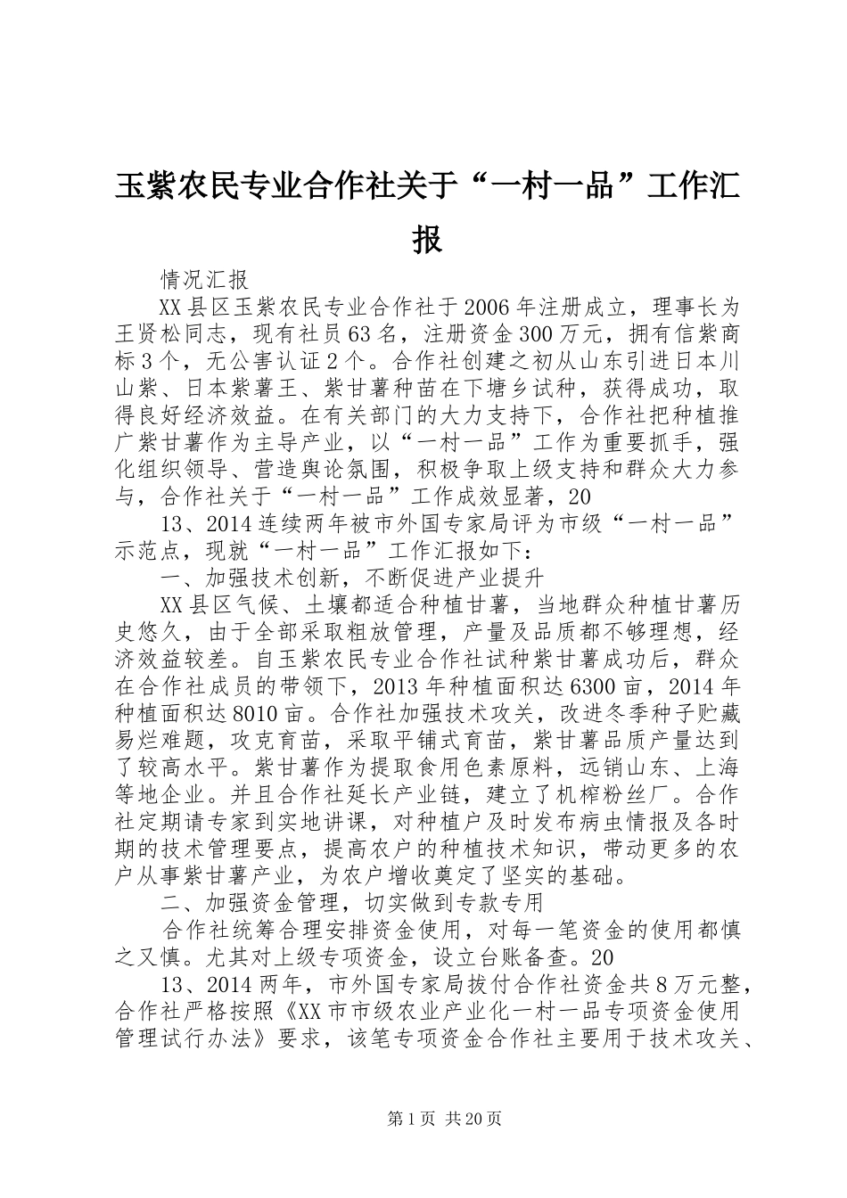 玉紫农民专业合作社关于“一村一品”工作汇报_第1页