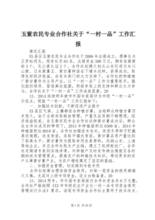 玉紫农民专业合作社关于“一村一品”工作汇报