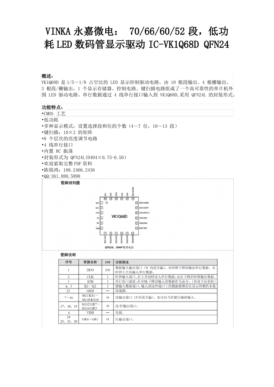 永嘉超小体积低功耗LED数码管显示驱动芯片-VK1Q68DQFN244x4MM封装_第1页