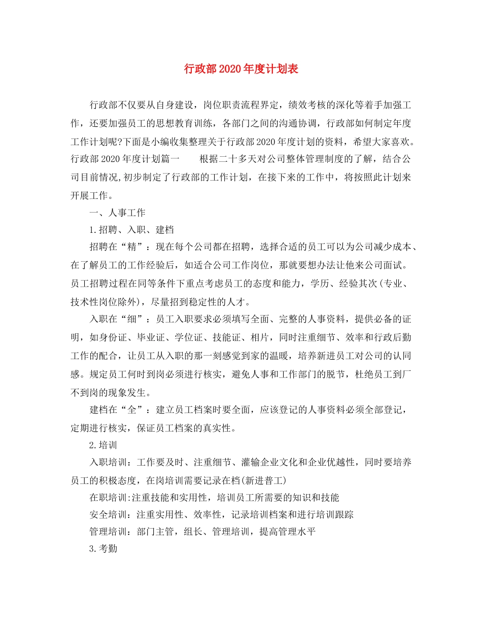 行政部2020年度计划表 _第1页