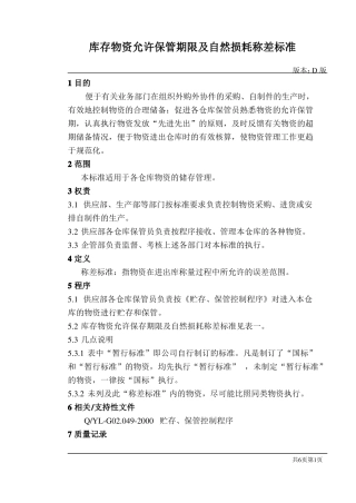 库存物资允许保管期限及自然损耗称差标准