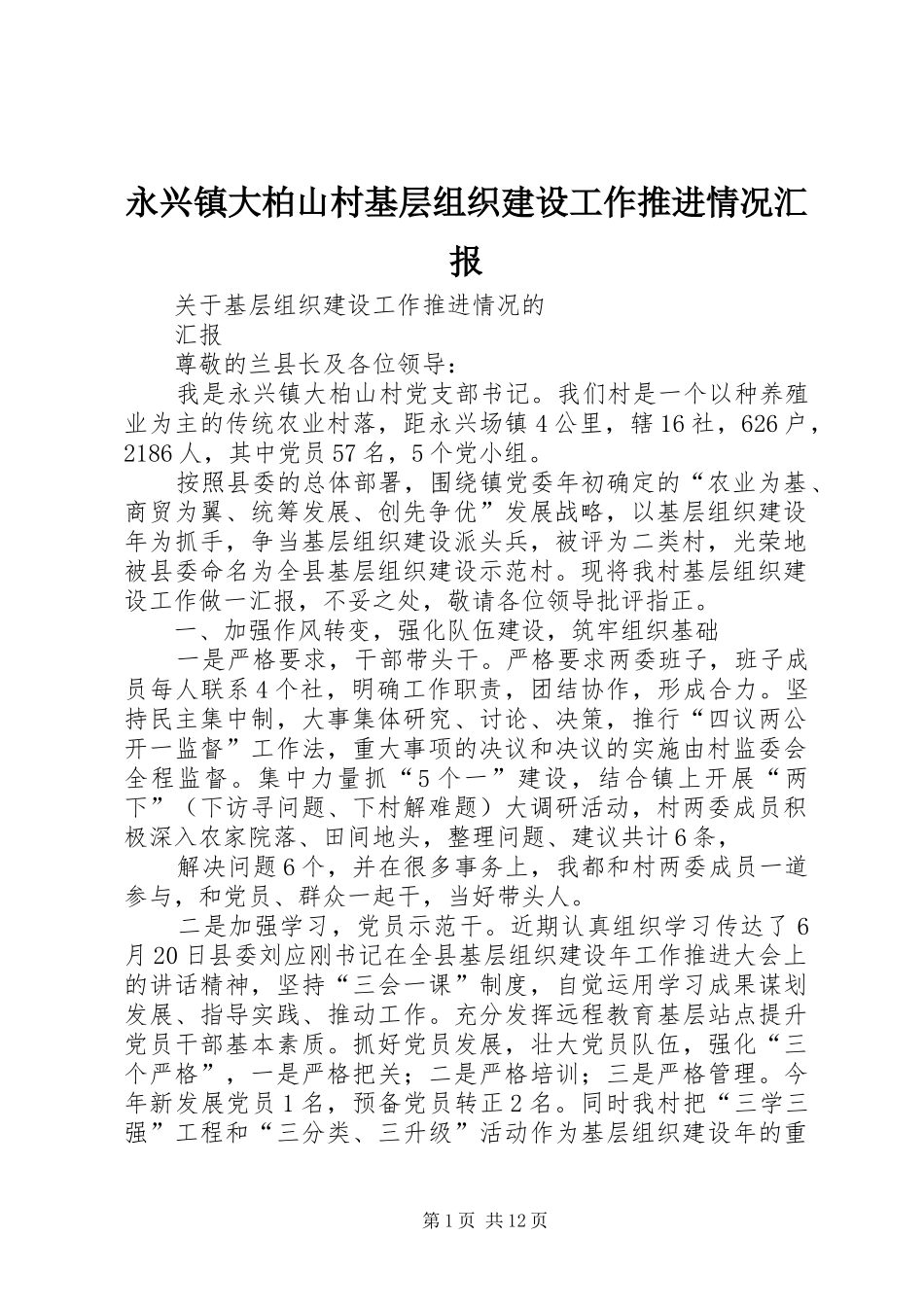 永兴镇大柏山村基层组织建设工作推进情况汇报_第1页