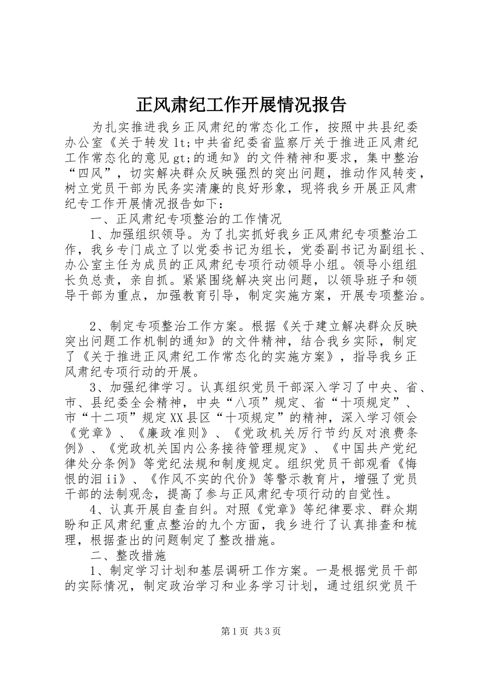 正风肃纪工作开展情况报告_第1页