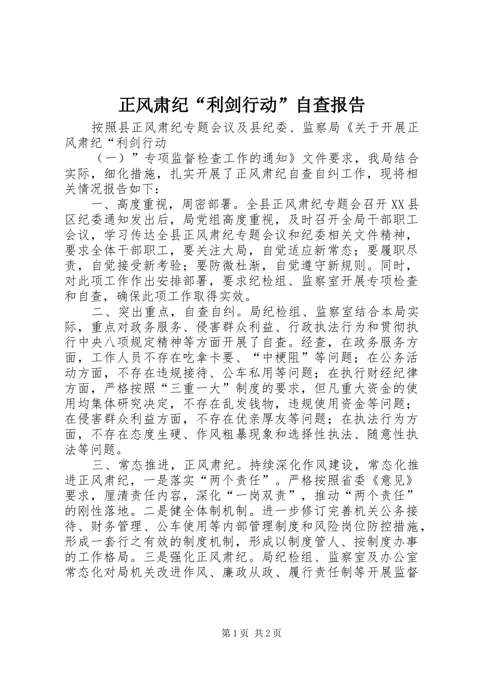 正风肃纪“利剑行动”自查报告_第1页