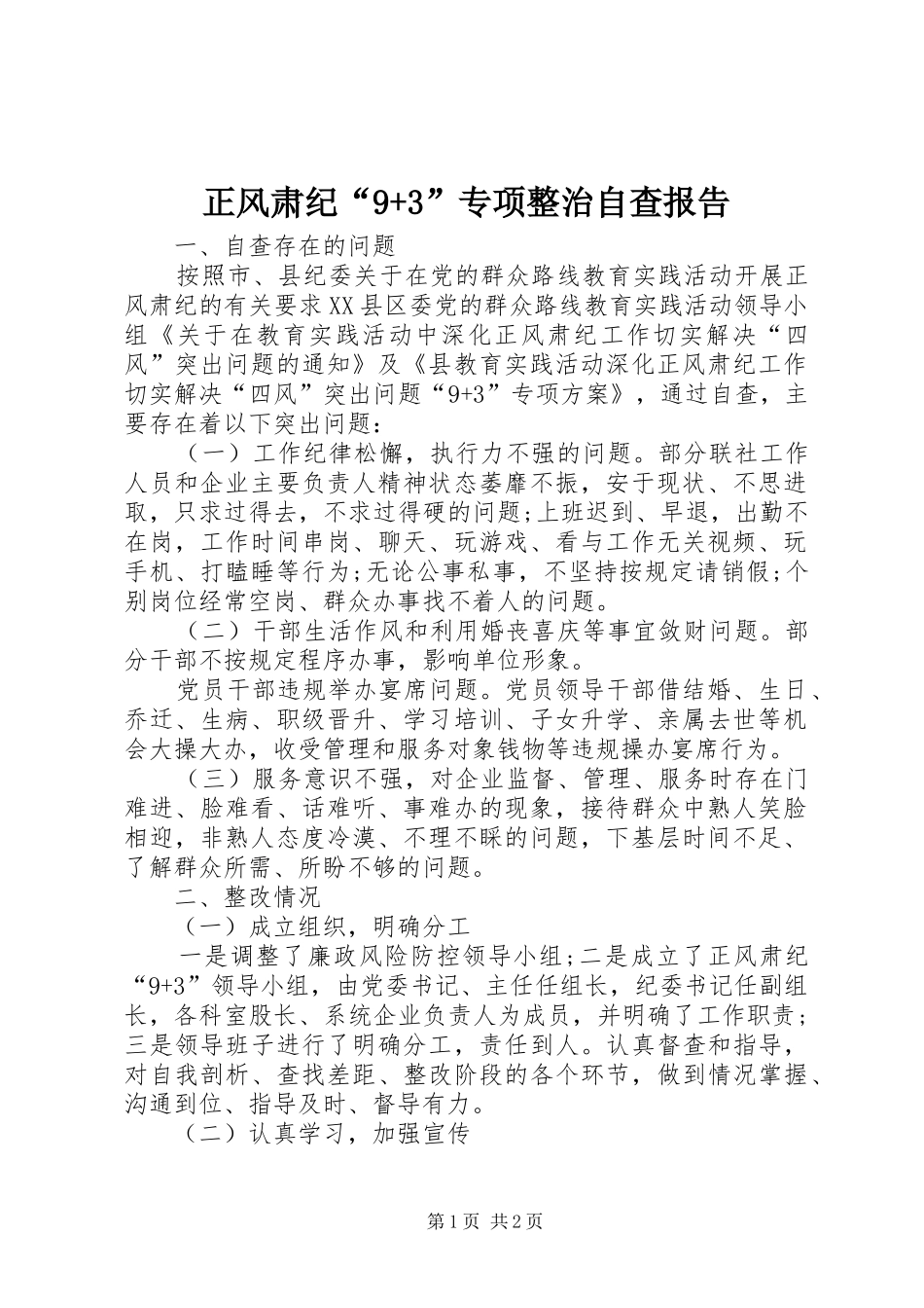 正风肃纪“9+3”专项整治自查报告_第1页