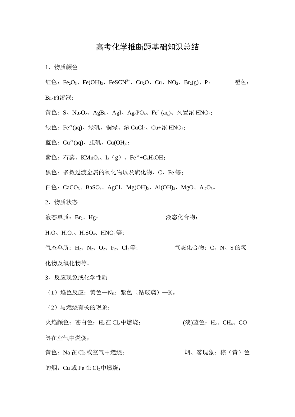 2021年高考化学复习总结性资料精选化学高考化学推断题基础知识总结doc高中化学_第1页