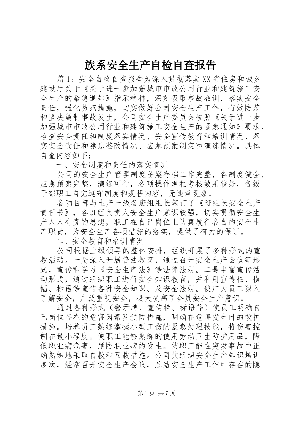 族系安全生产自检自查报告_第1页