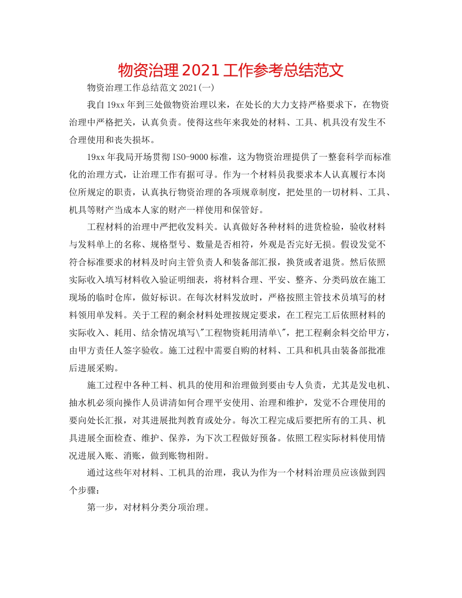 物资管理工作参考总结范文_第1页