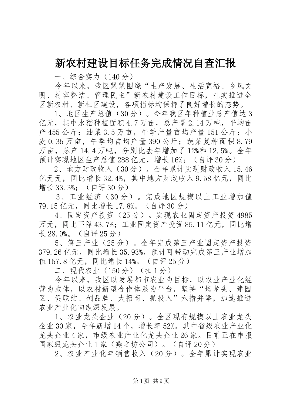 新农村建设目标任务完成情况自查汇报_第1页