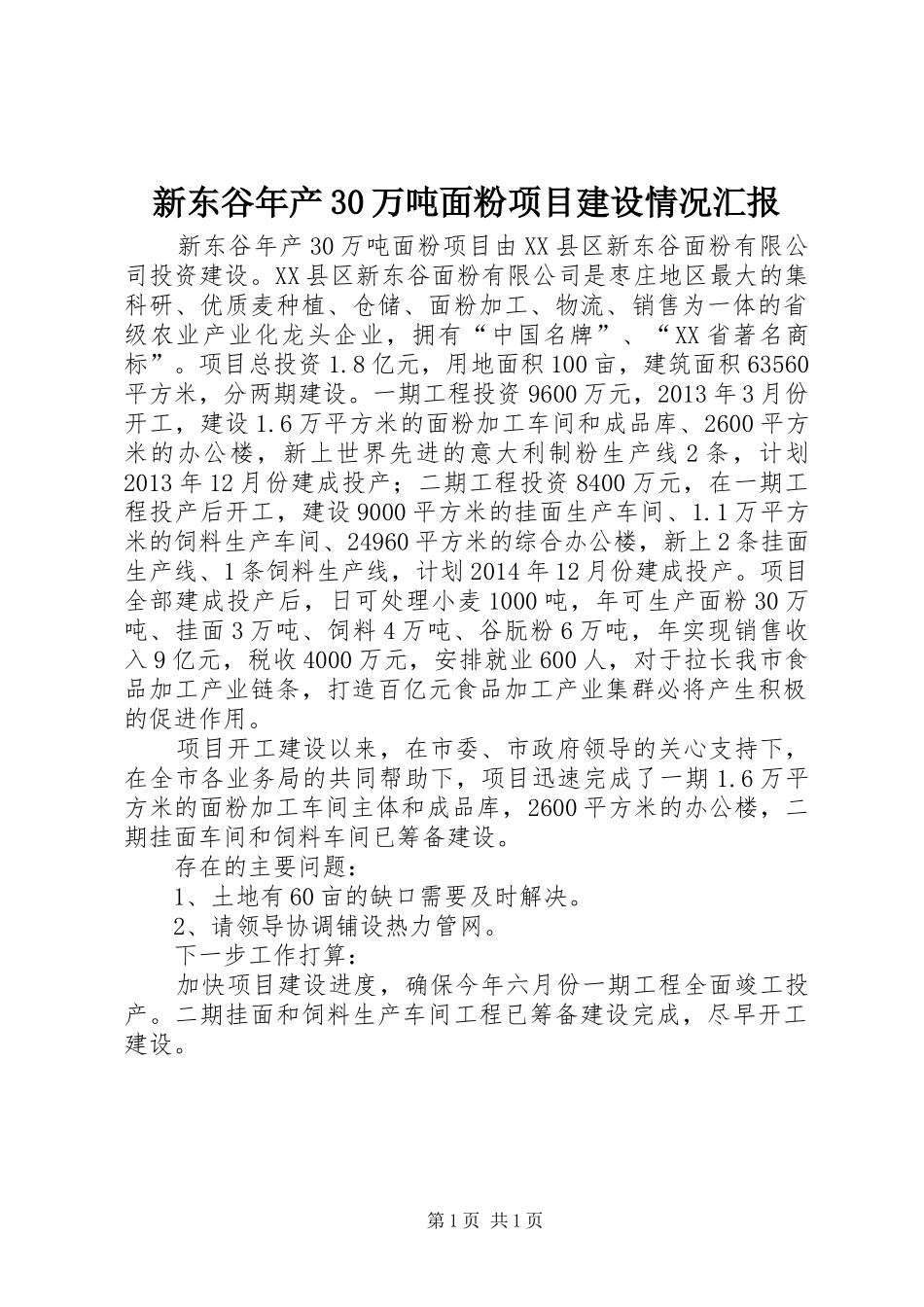 新东谷年产30万吨面粉项目建设情况汇报_第1页