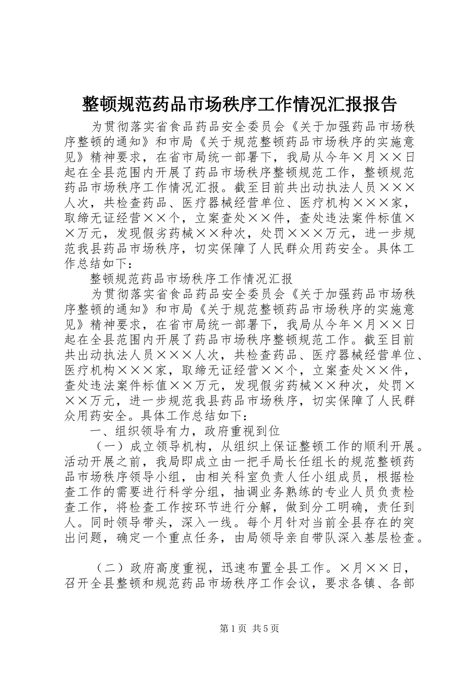 整顿规范药品市场秩序工作情况汇报报告_第1页
