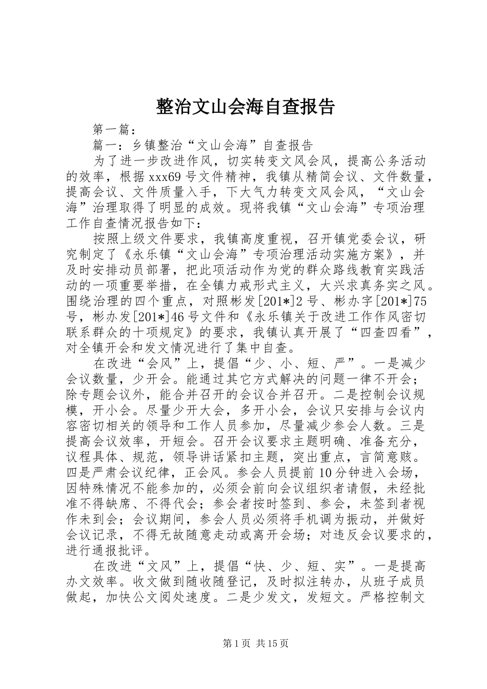 整治文山会海自查报告_第1页