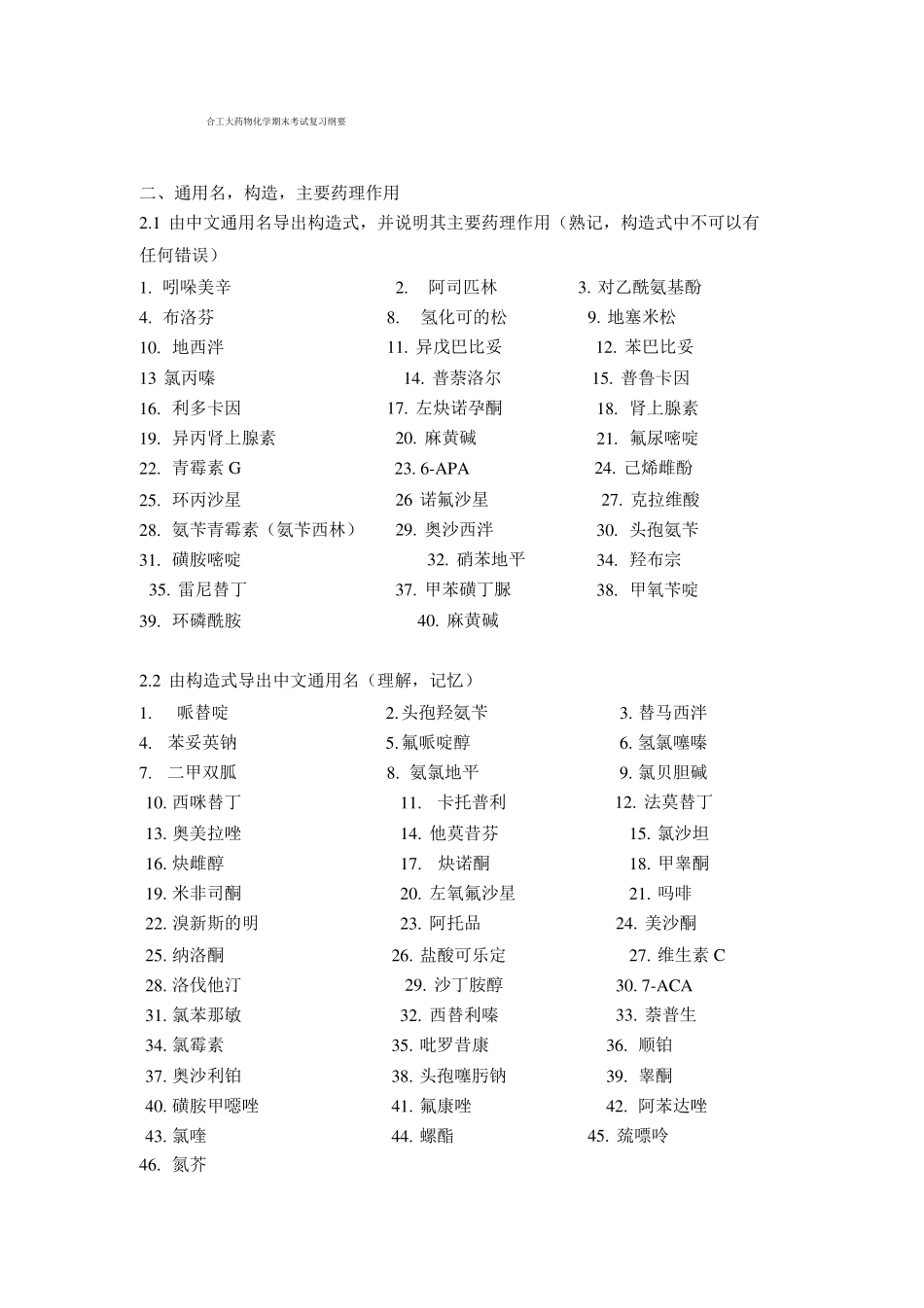 合工大药物化学期末考试复习提纲_第1页