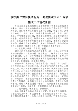 政法委“规范执法行为，促进执法公正”专项整改工作情况汇报
