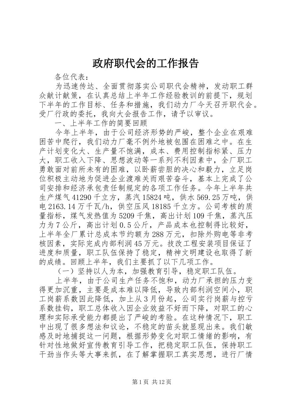 政府职代会的工作报告_第1页