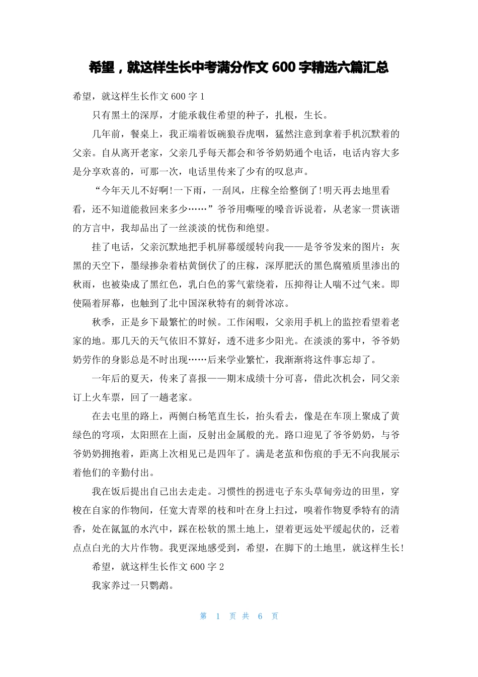 希望，就这样生长中考满分作文600字精选六篇汇总_第1页