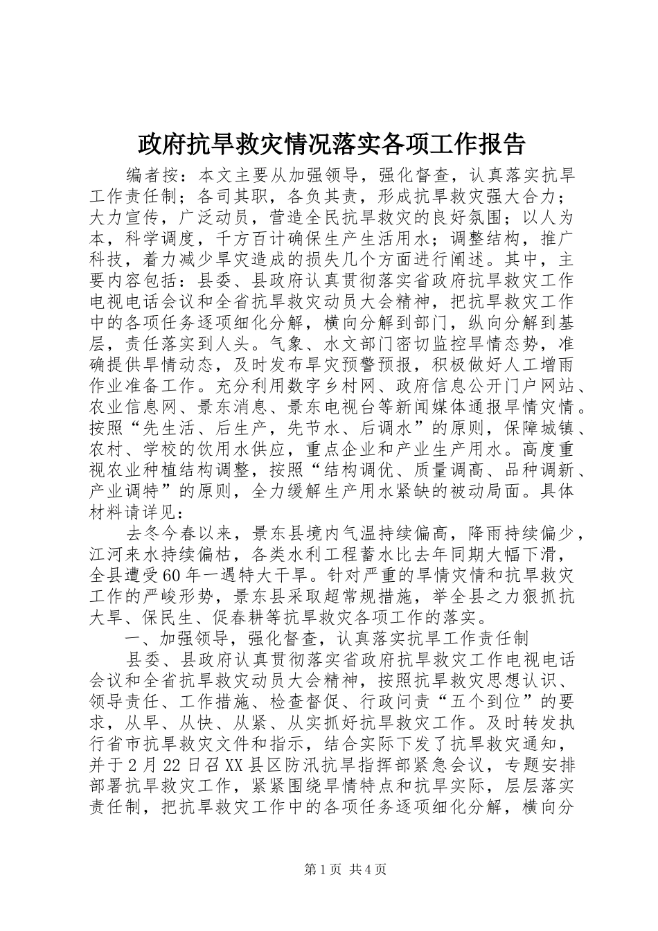 政府抗旱救灾情况落实各项工作报告_第1页