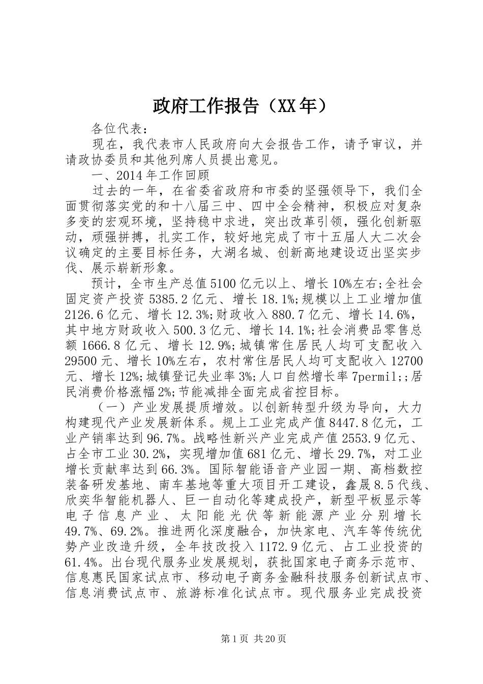 政府工作报告（XX年）_第1页