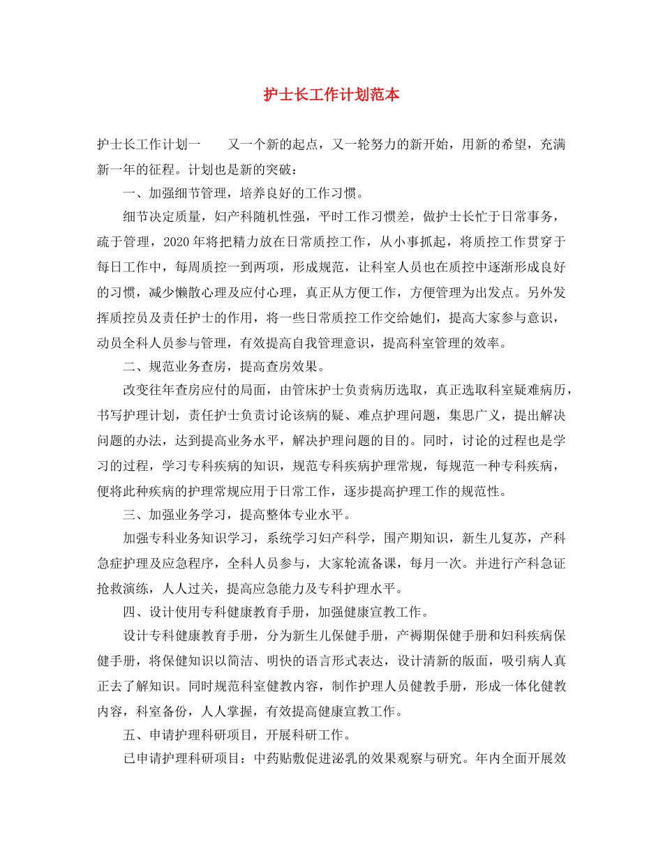 护士长工作计划范本 _第1页