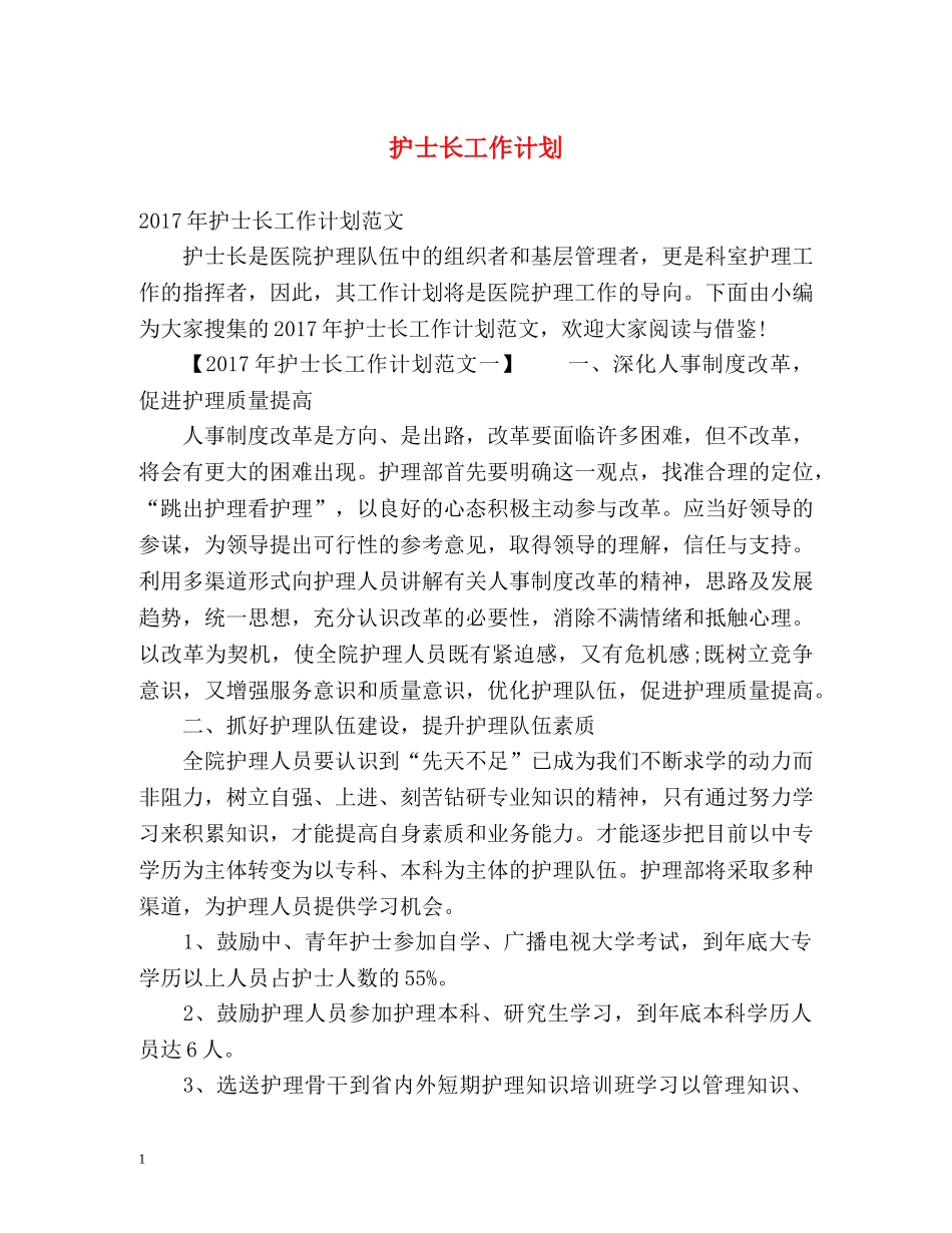 护士长工作计划 (2) _第1页