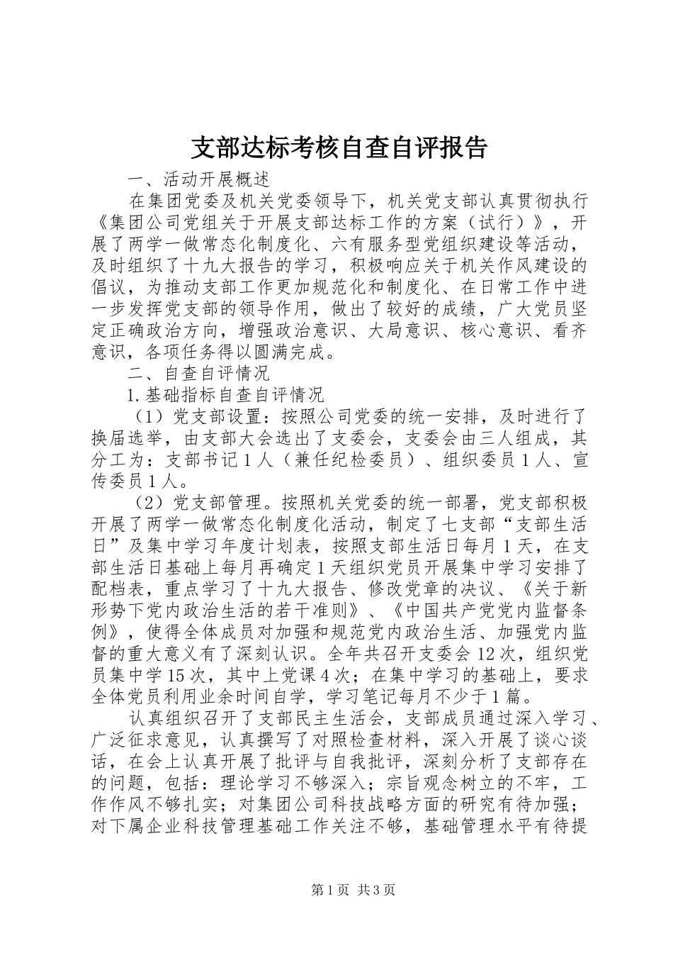 支部达标考核自查自评报告_第1页