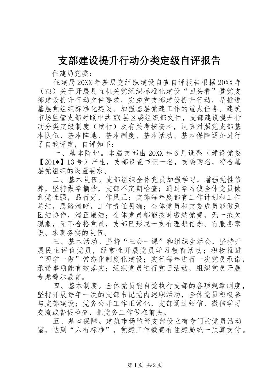 支部建设提升行动分类定级自评报告_第1页