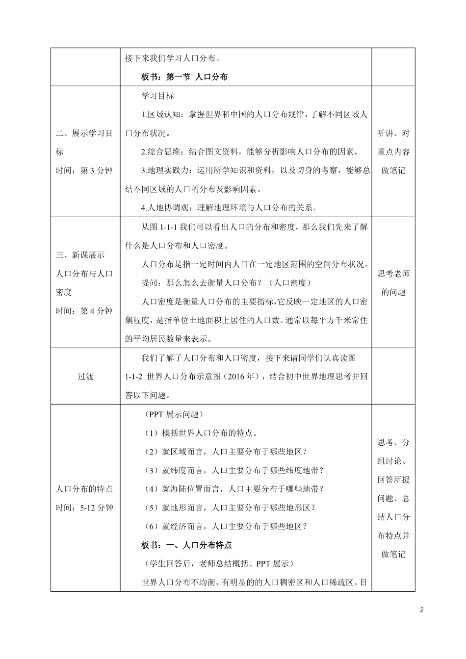 统编鲁教版地理高中必修第二册人口分布优秀教案教学设计_第2页