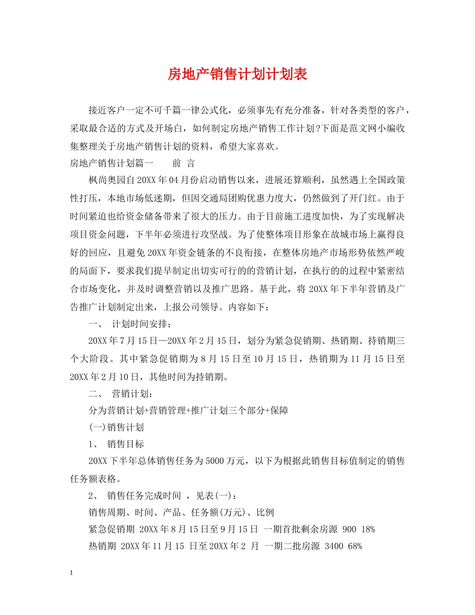 房地产销售计划计划表 _第1页