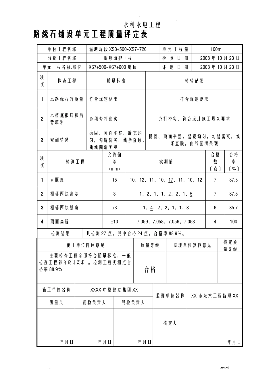 路缘石铺设单元工程质量评定表_第2页