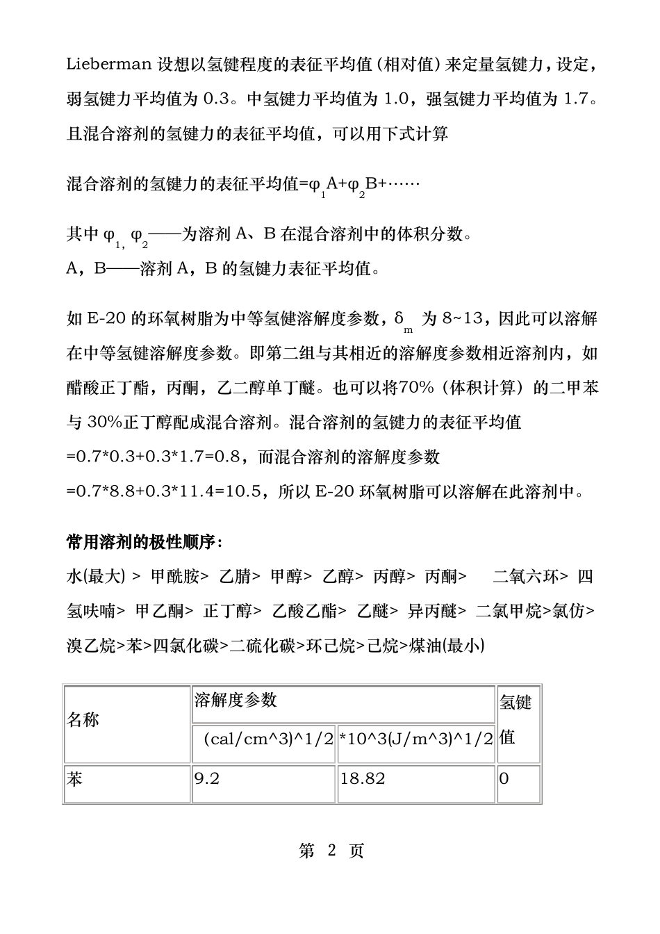 涂料工业常用有机溶剂的溶解度参数及氢键值_第2页