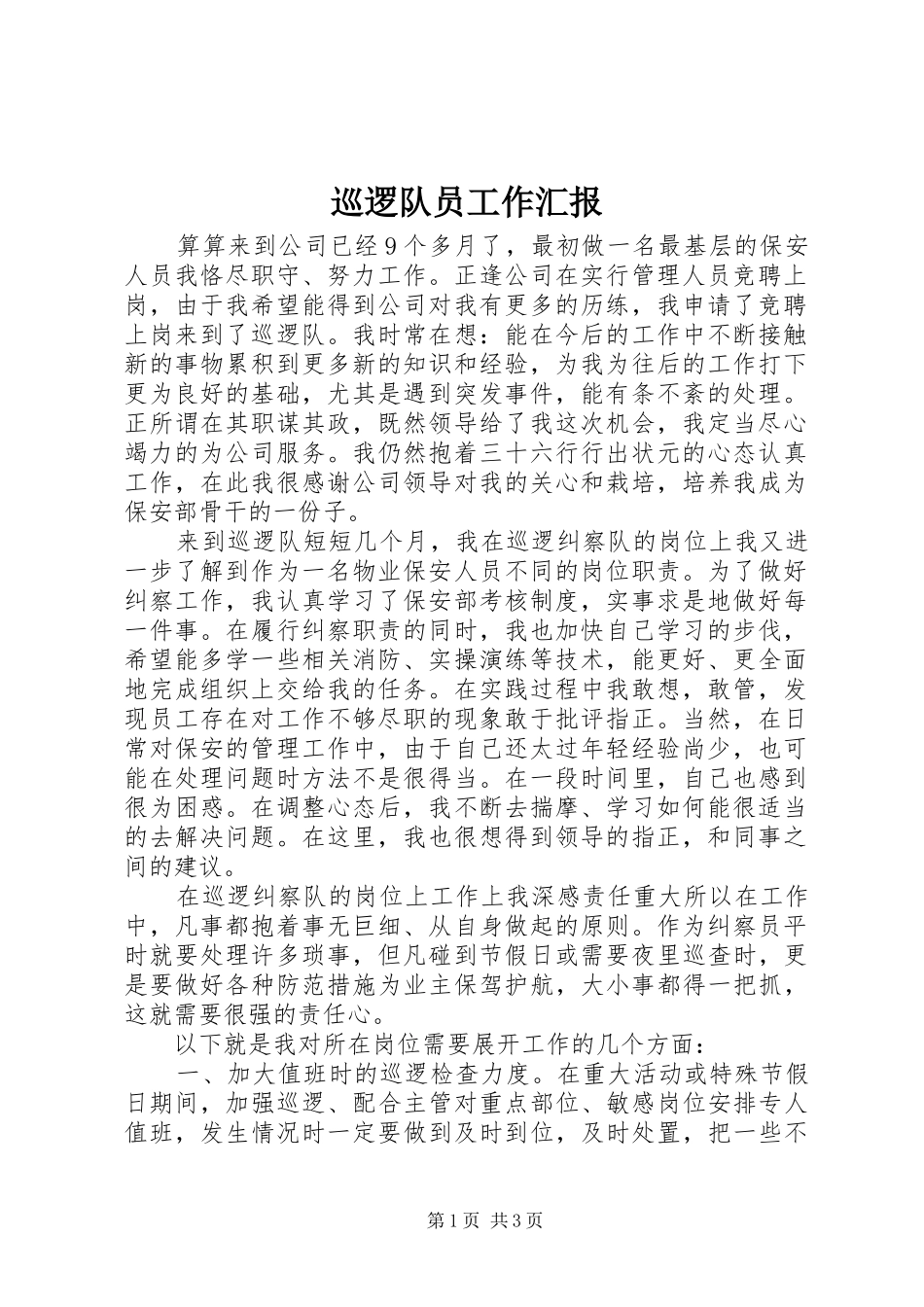 巡逻队员工作汇报_第1页