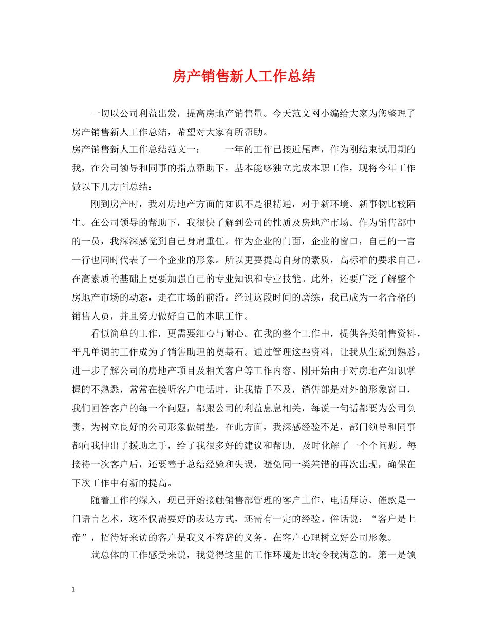房产销售新人工作总结 _第1页
