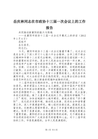 岳庆林同志在市政协十三届一次会议上的工作报告