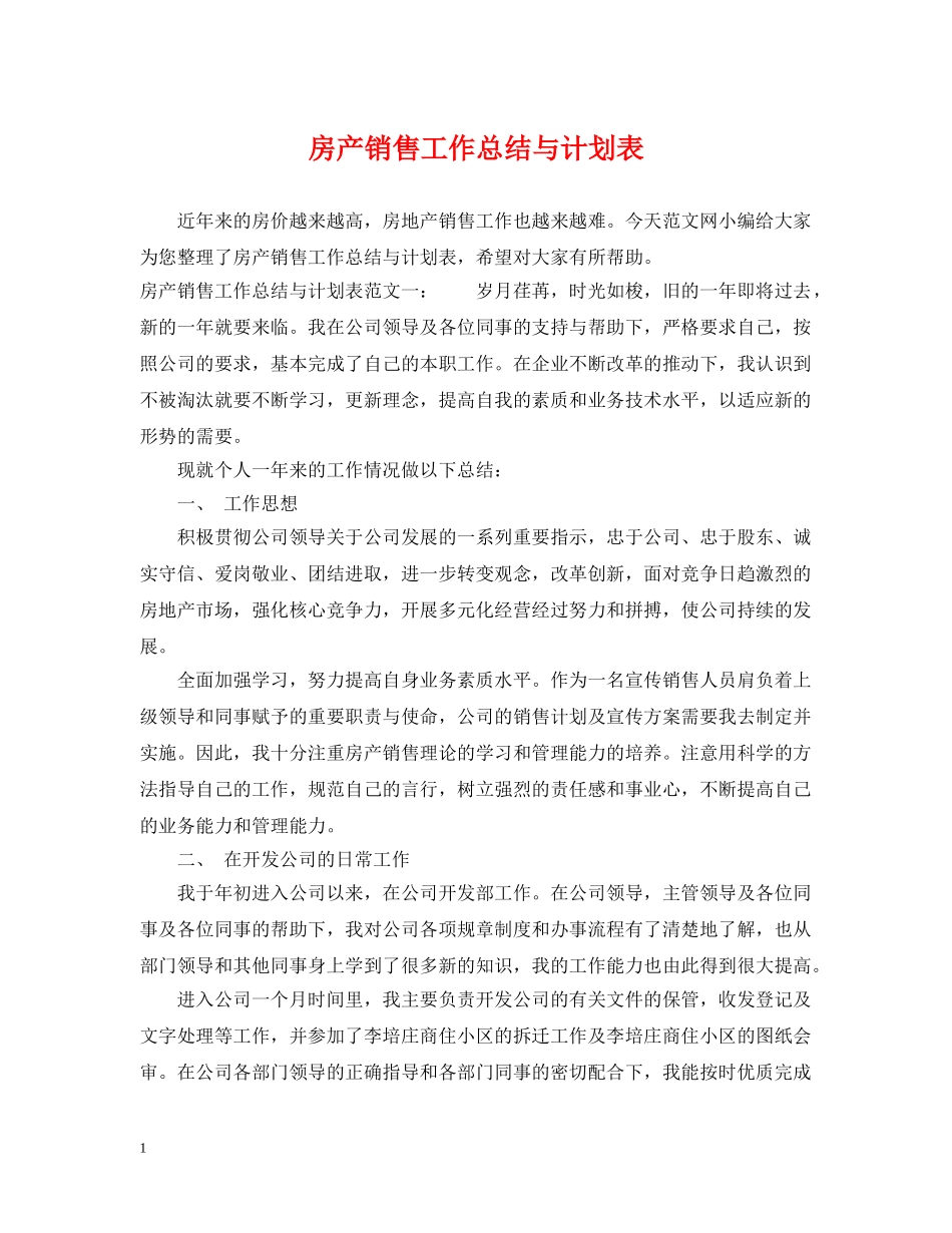 房产销售工作总结与计划表 _第1页