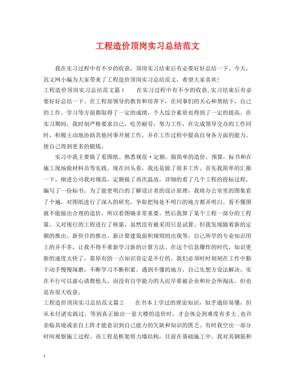 工程造价顶岗实习总结范文 _第1页