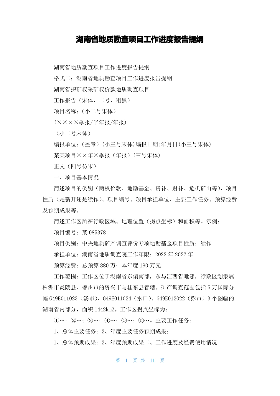 湖南地质勘查项目工作进度报告提纲_第1页