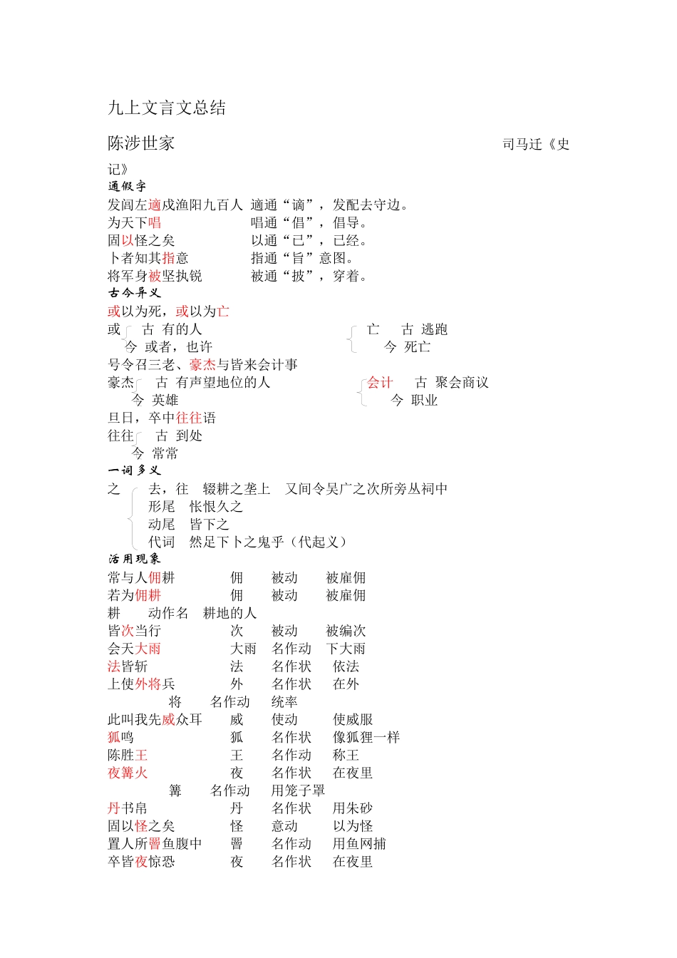 九年级上文言文总结全新课标人教版_第1页