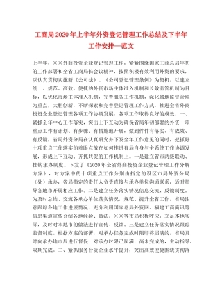 工商局2020年上半年外资登记管理工作总结及下半年工作安排—范文 