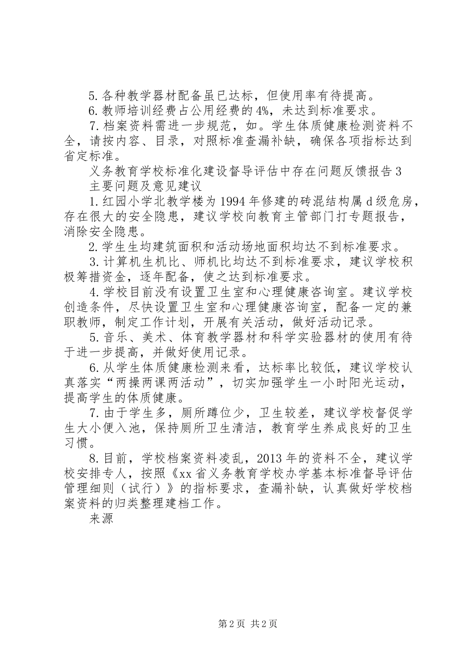 学校标准化建设督导中存在问题反馈报告范文_第2页