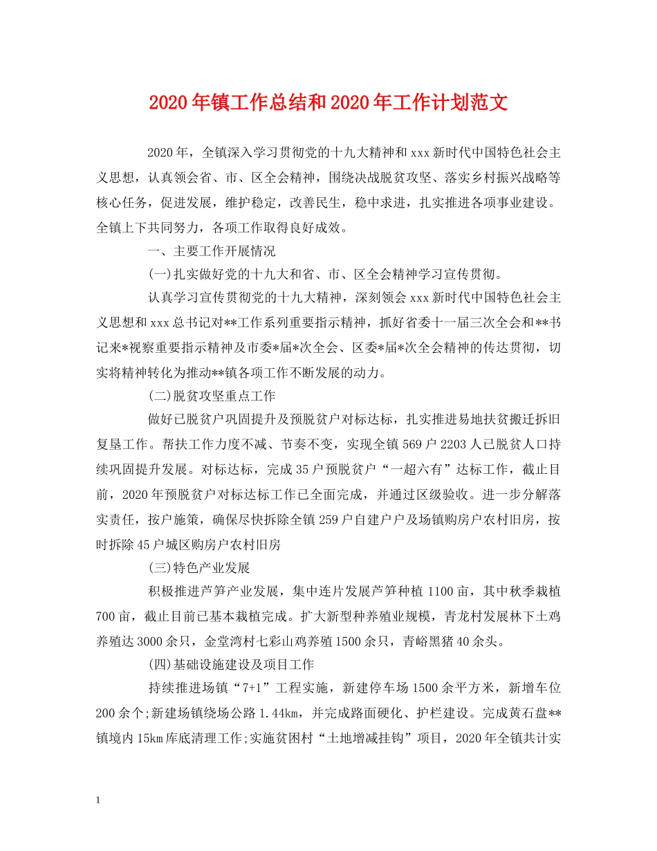工作总结-2020年镇工作总结和2020年工作计划范文 _第1页