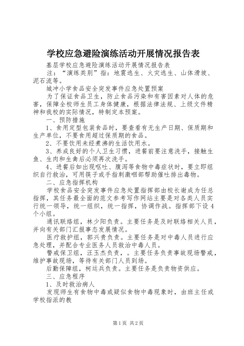 学校应急避险演练活动开展情况报告表_第1页