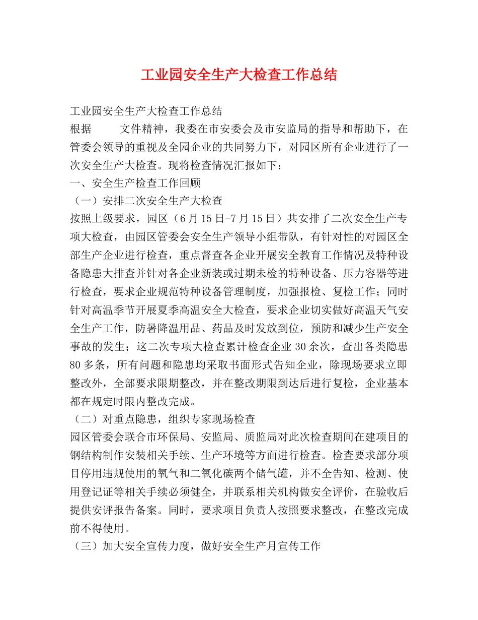 工业园安全生产大检查工作总结 _第1页