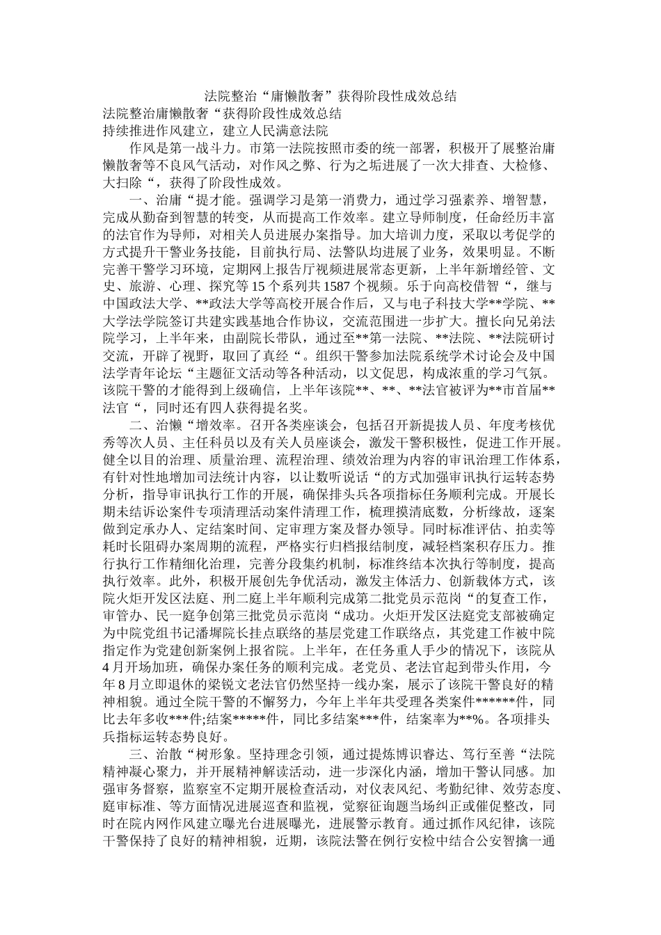 法院整治庸懒散奢取得阶段性成效总结_第1页